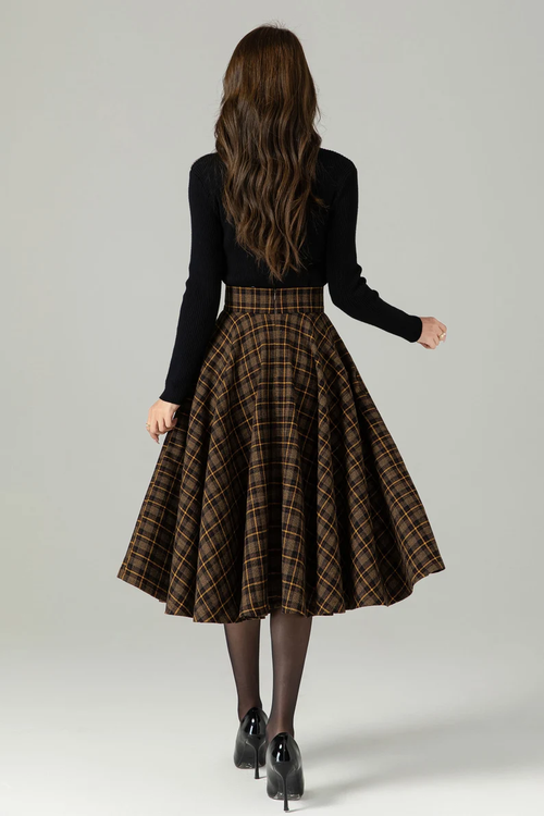 Midi Wool Plaid Skirt, Swing Wool Skirt, Wool Circle Skirt, Winter Autumn Skirt Women, High Waisted Wool Skirt