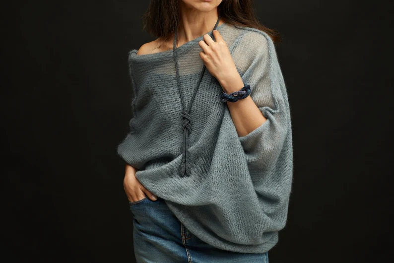 Gray Mohair Silk Sweater: Knitted Poncho Pullover