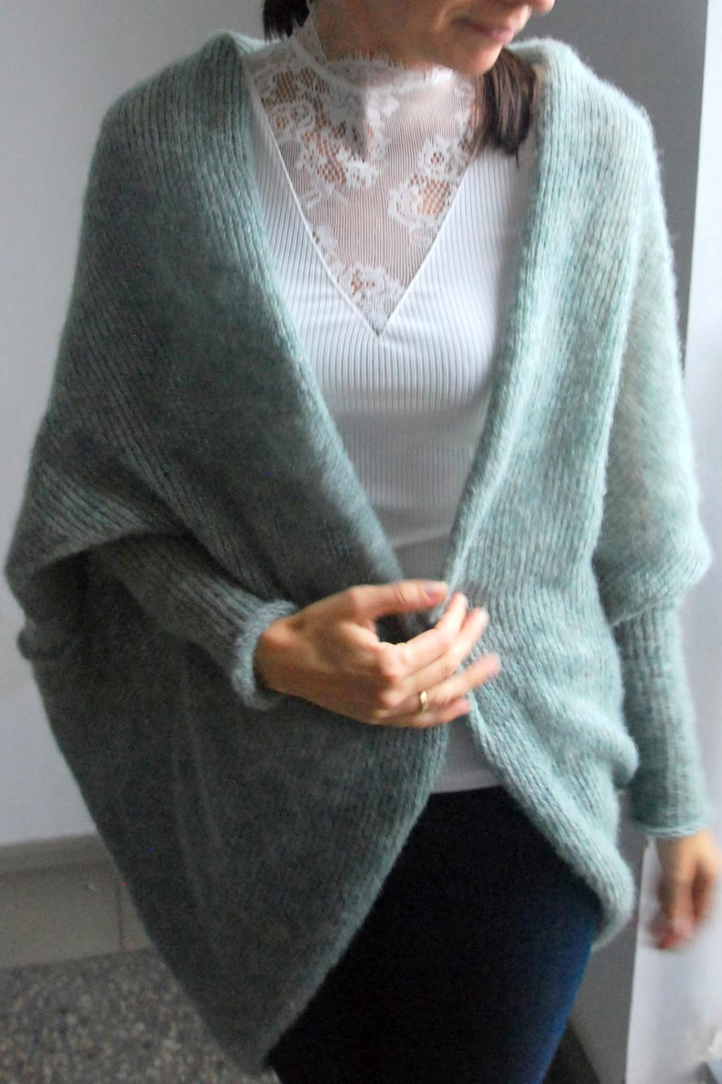 Sage Green Alpaca Silk Cardigan: Cocoon Shawl Shrug