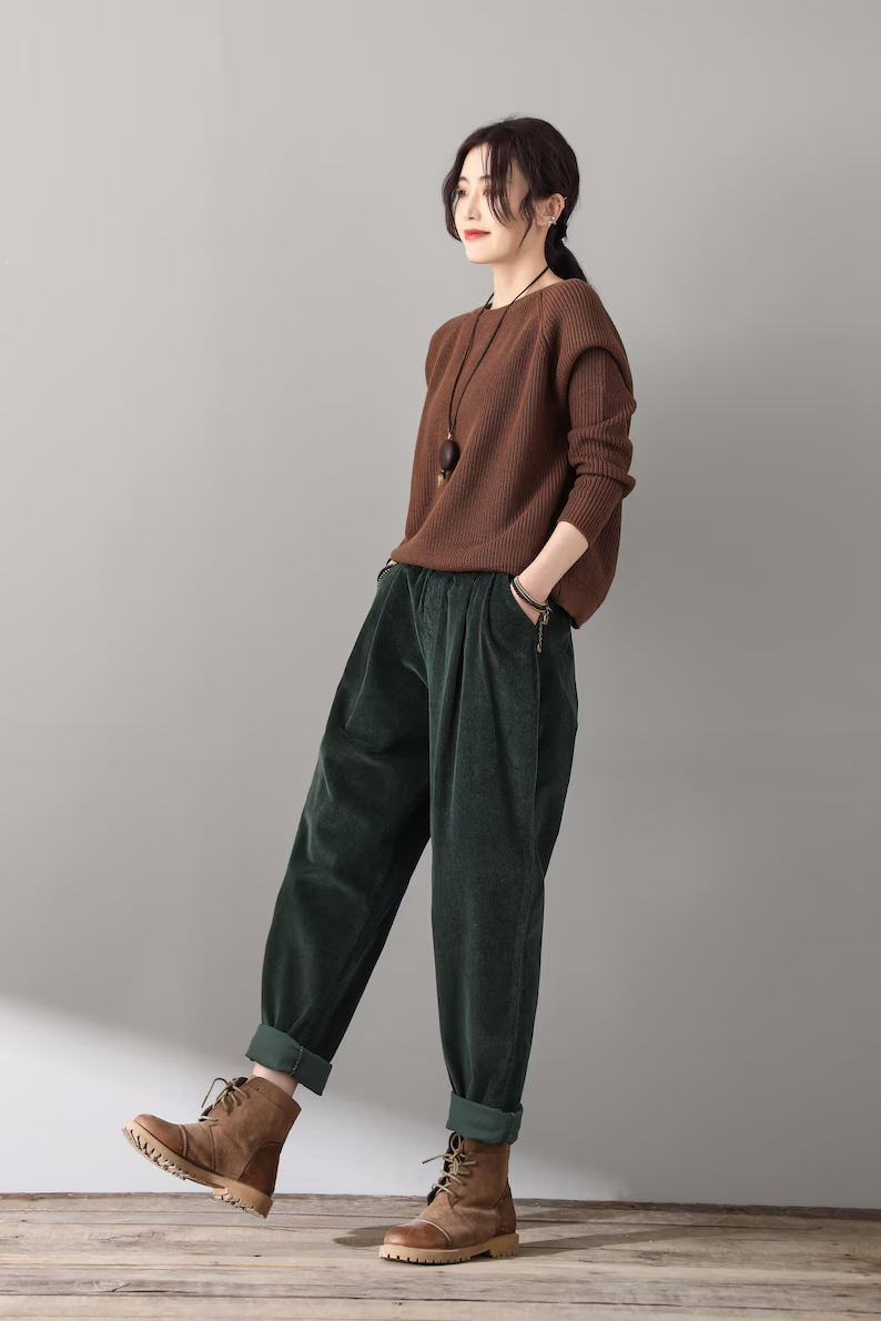 Casual Corduroy Harem Pants, Women's Tapered Pants, Elastic Waist Corduroy Pants, Womens oversized trousers