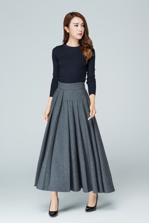 Pleated Gray Wool Maxi Skirt: Elegant Winter Skirt