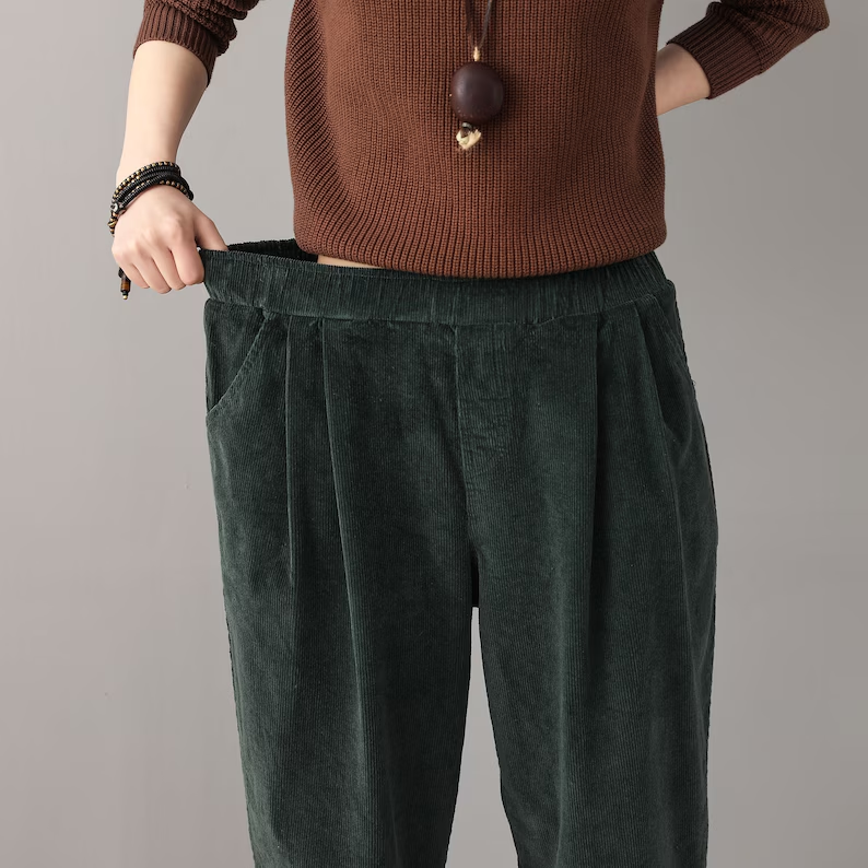 Casual Corduroy Harem Pants, Women's Tapered Pants, Elastic Waist Corduroy Pants, Womens oversized trousers