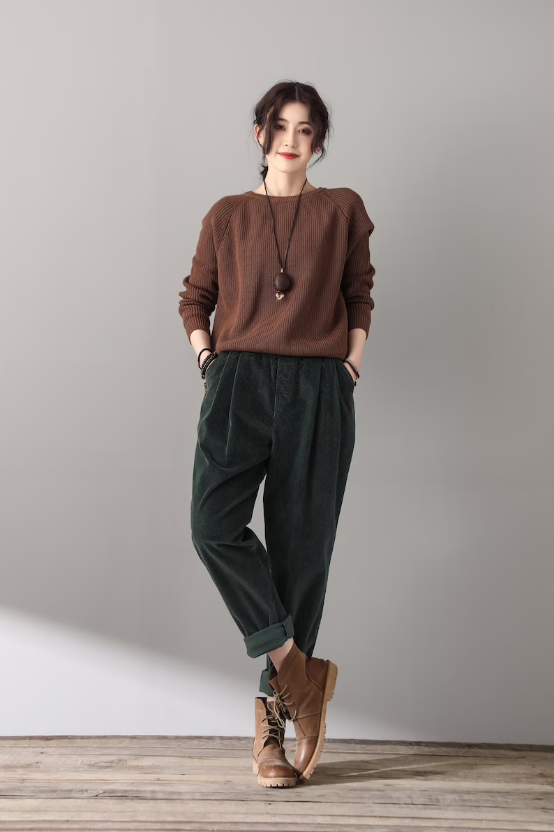 Casual Corduroy Harem Pants, Women's Tapered Pants, Elastic Waist Corduroy Pants, Womens oversized trousers