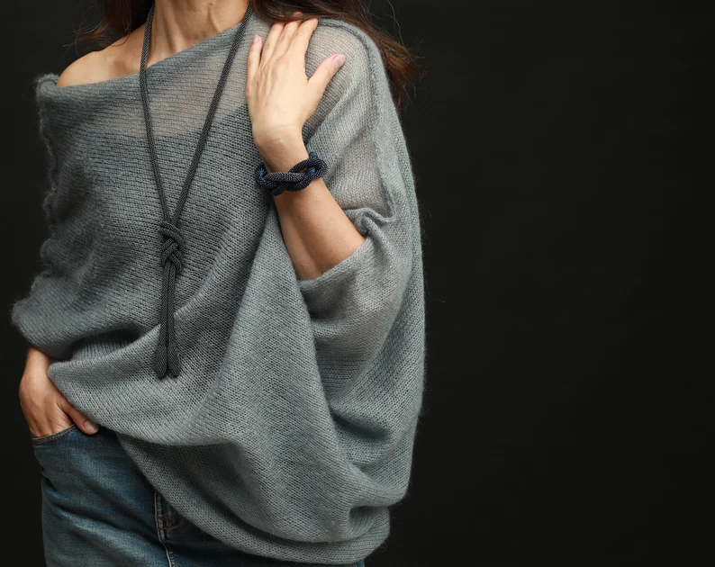 Gray Mohair Silk Sweater: Knitted Poncho Pullover