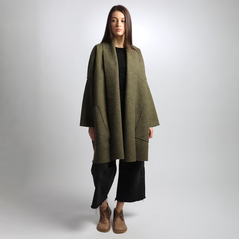ELLA Oversized Boiled Wool Coatigan Jacket with Patch Pockets, Minimalist Woolen Outerwear, Loose Knee Length Spring Coat