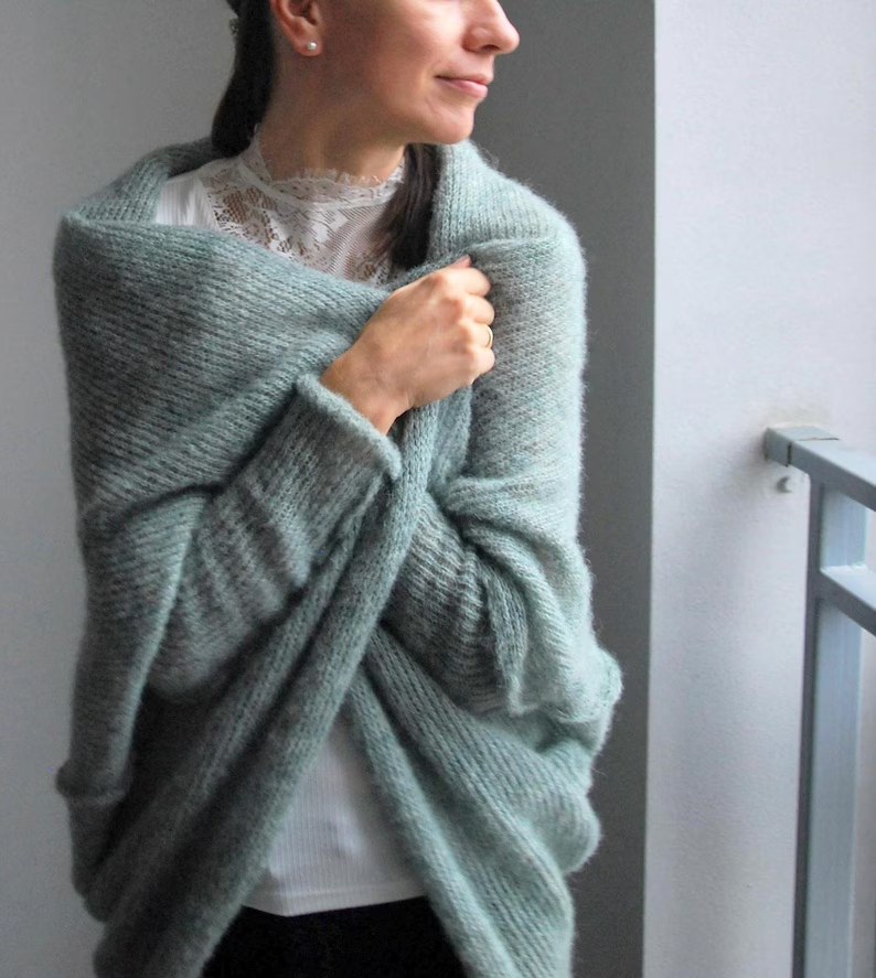 Sage Green Alpaca Silk Cardigan: Cocoon Shawl Shrug