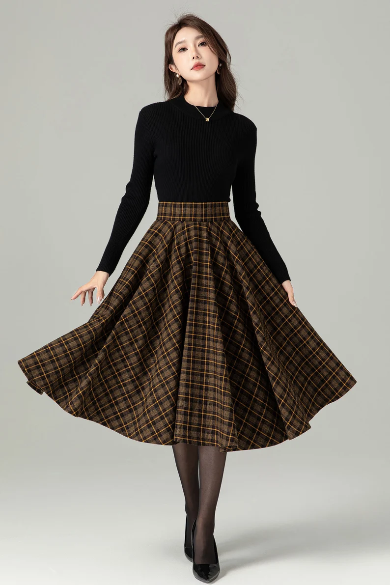 Midi Wool Plaid Skirt, Swing Wool Skirt, Wool Circle Skirt, Winter Autumn Skirt Women, High Waisted Wool Skirt