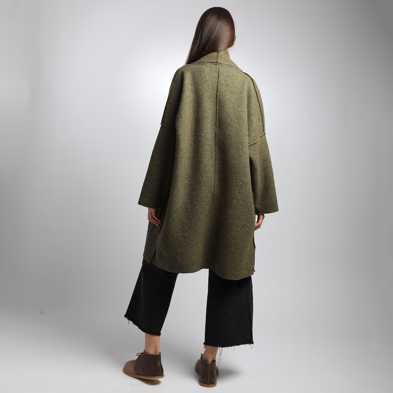 ELLA Oversized Boiled Wool Coatigan Jacket with Patch Pockets, Minimalist Woolen Outerwear, Loose Knee Length Spring Coat