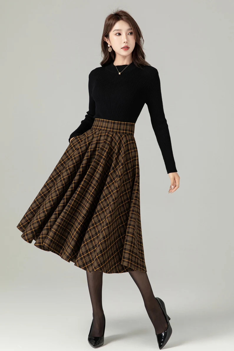 Midi Wool Plaid Skirt, Swing Wool Skirt, Wool Circle Skirt, Winter Autumn Skirt Women, High Waisted Wool Skirt