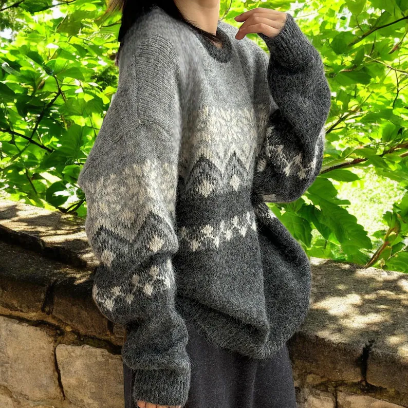 Knitted Wool Jacquard Sweater : Oversized Soft Style